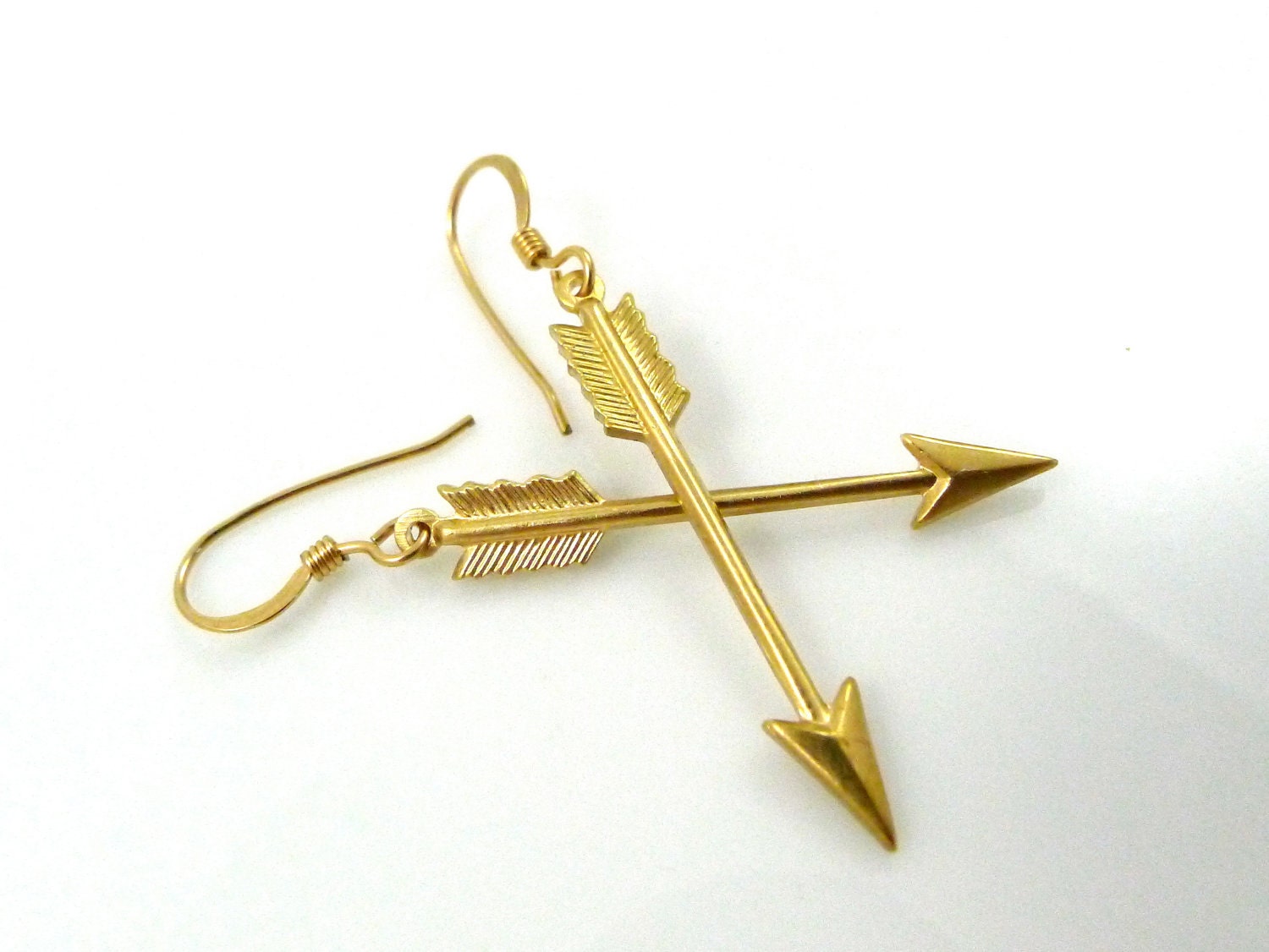 Golden Arrows Earrings, Gold Fill Ear Wire, Golden Brass Arrow, Short Dangle, Handmade, Tribal