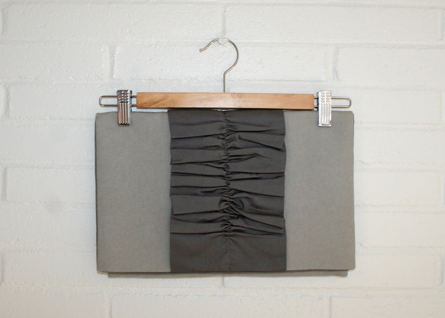 Ruffle clutch purse with fold over flap. Grey on Grey.