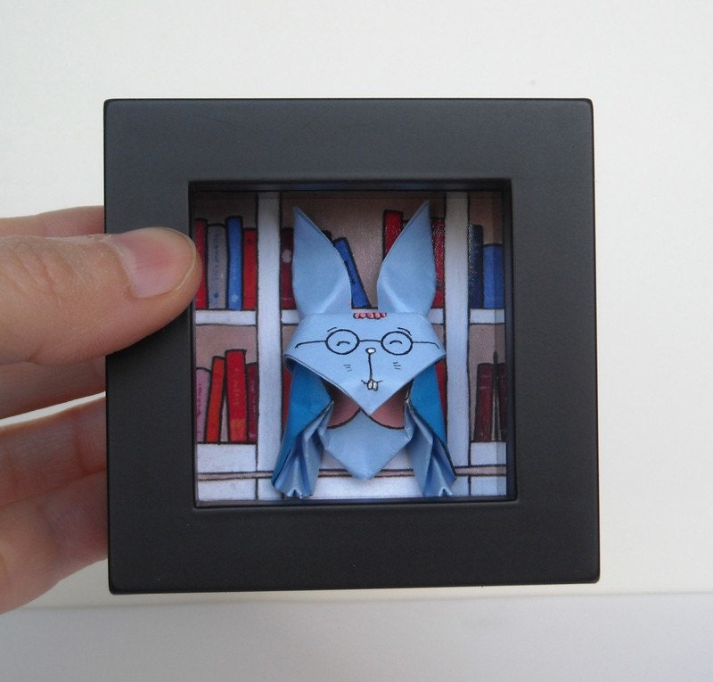 Origami Bunny in the Library - Black Shadow Box - Desk Accessory