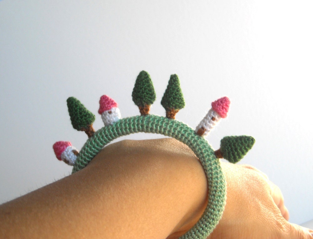 Crochet Bracelet - Tiny Village Bangle - Textile Jewelry - Fiber Bracelet with Houses and Trees - Made to order