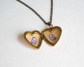 Bird Locket - Heart Locket with Birds - Gold Vintage Brass Locket Necklace - Purple Birds in Love - Wearable Art - biribis