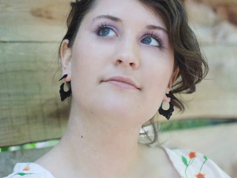 SALE - Fake Gauges - Shanti Hoops - Black Horn Earrings