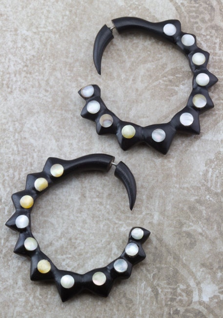 NEW - Fake Guages - Horn Zahava Wood Earrings with Shell Inlay