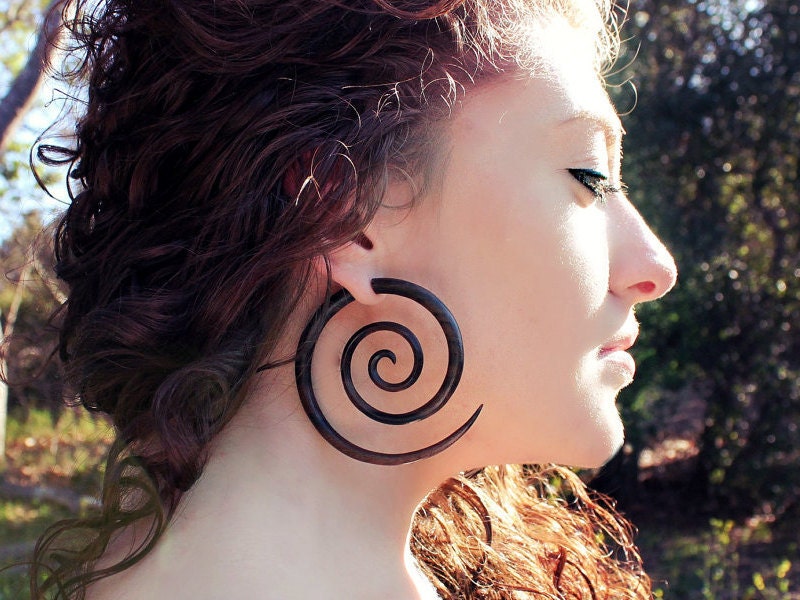 Fake Gauges - XL Double Spirals Brown Wood Earrings