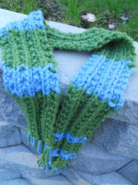 Chunky Green and Blue Striped Scarf
