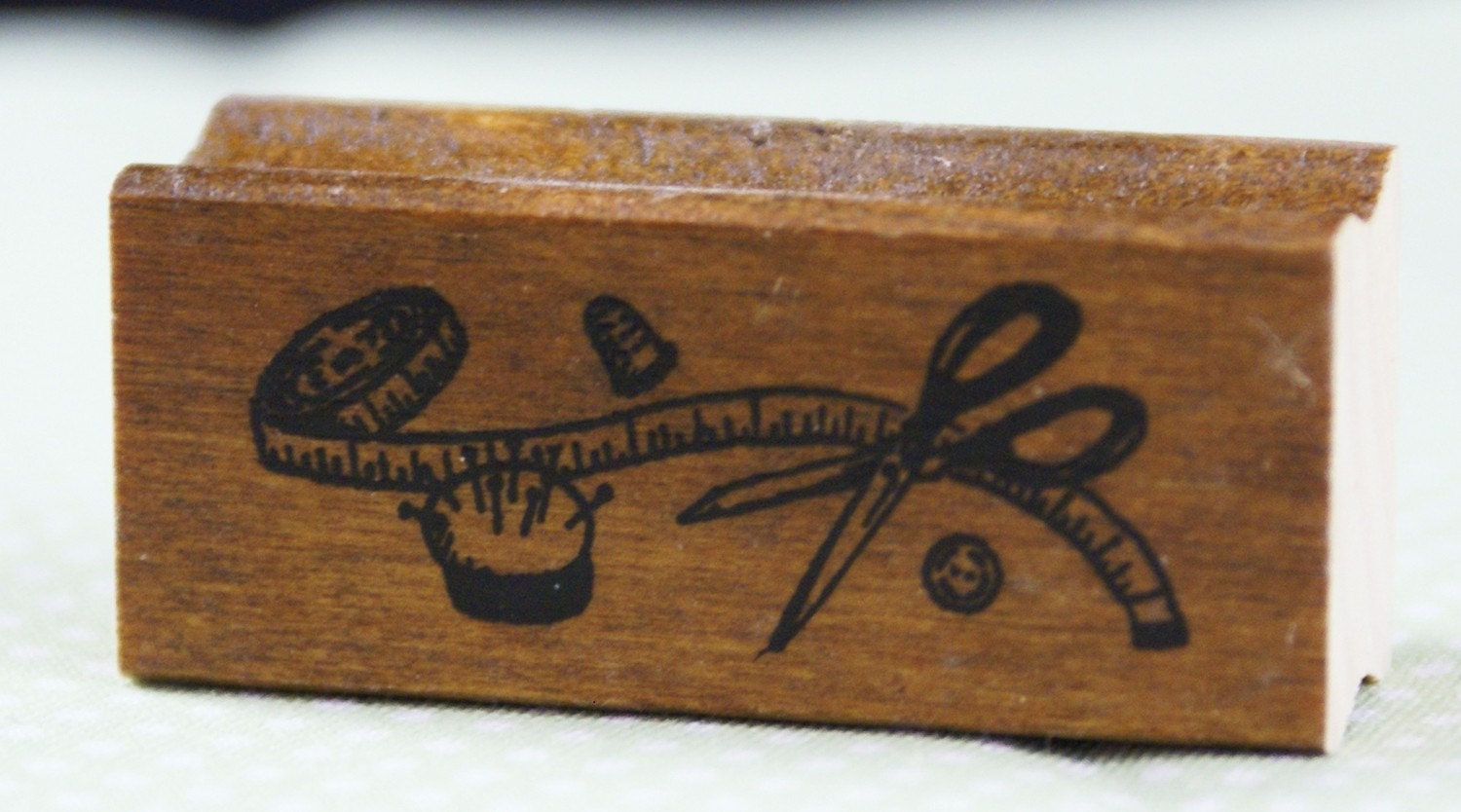 Retro graphic sewing tools - scissors, pin cushion, tape measure, button, thimble - Japanese Wood Stamp