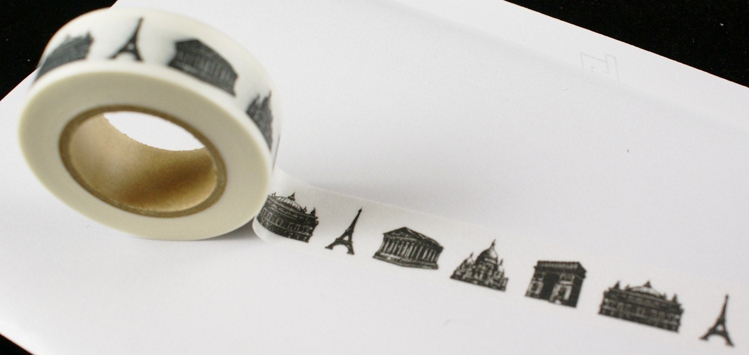 BLACK Famous French Buildings, Monuments and Landmarks Washi Paper Masking Tape-16.5 YARDS