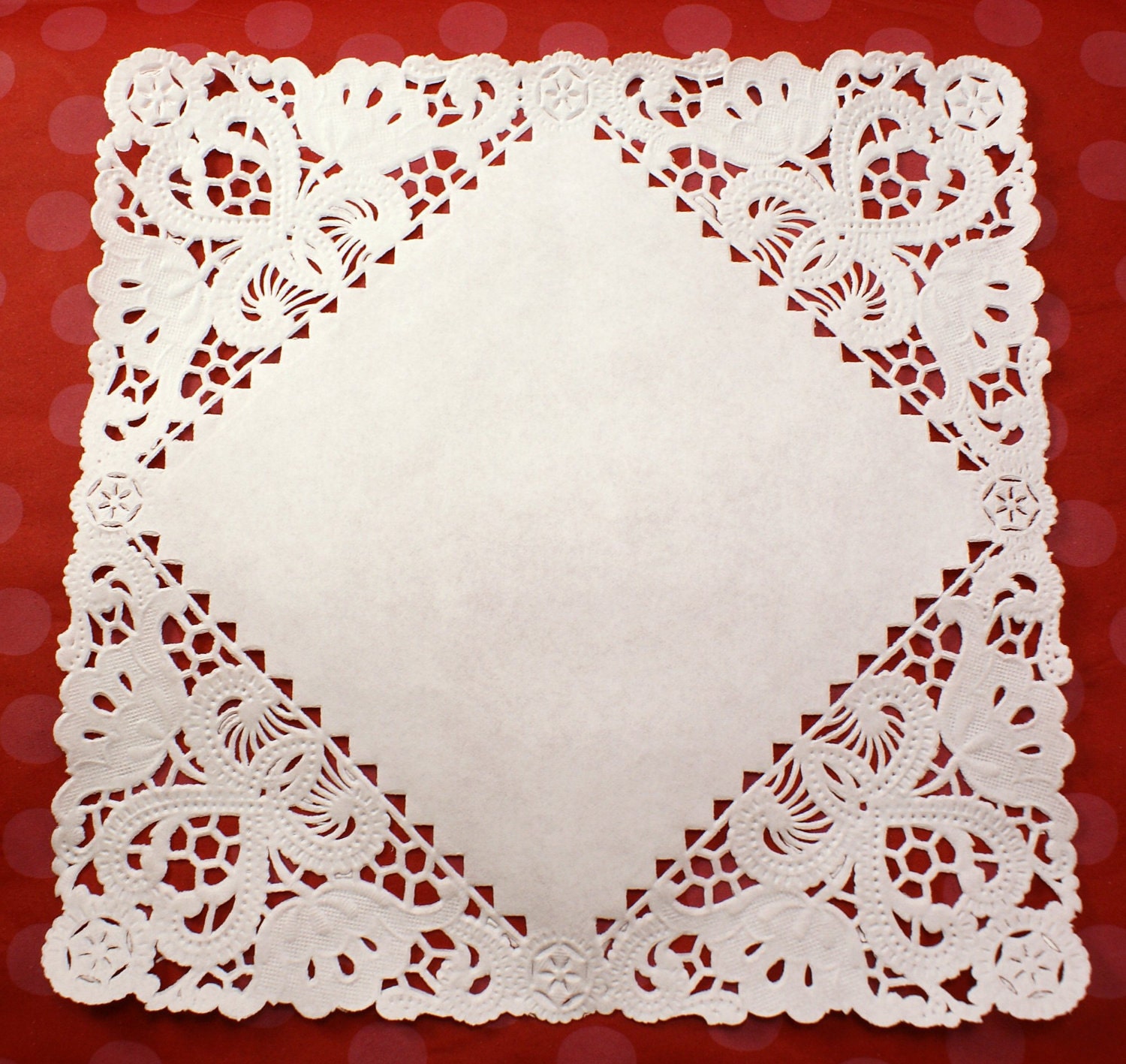 Set of 20 Fancy 8 inch square French Lace paper doilies for decorating, food display, plates, gift baskets