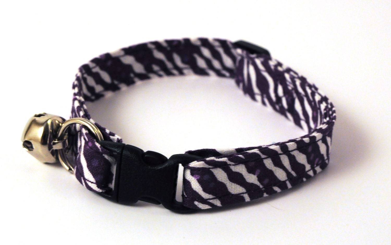 Breakaway Adjustable Cat Collar with Bell - Purple and White Zebra Print