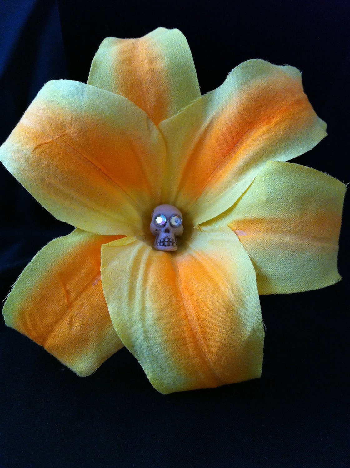 Yellow and Deadly Skull Rhinestone Eye Tiger Lily Flower Hair Clip