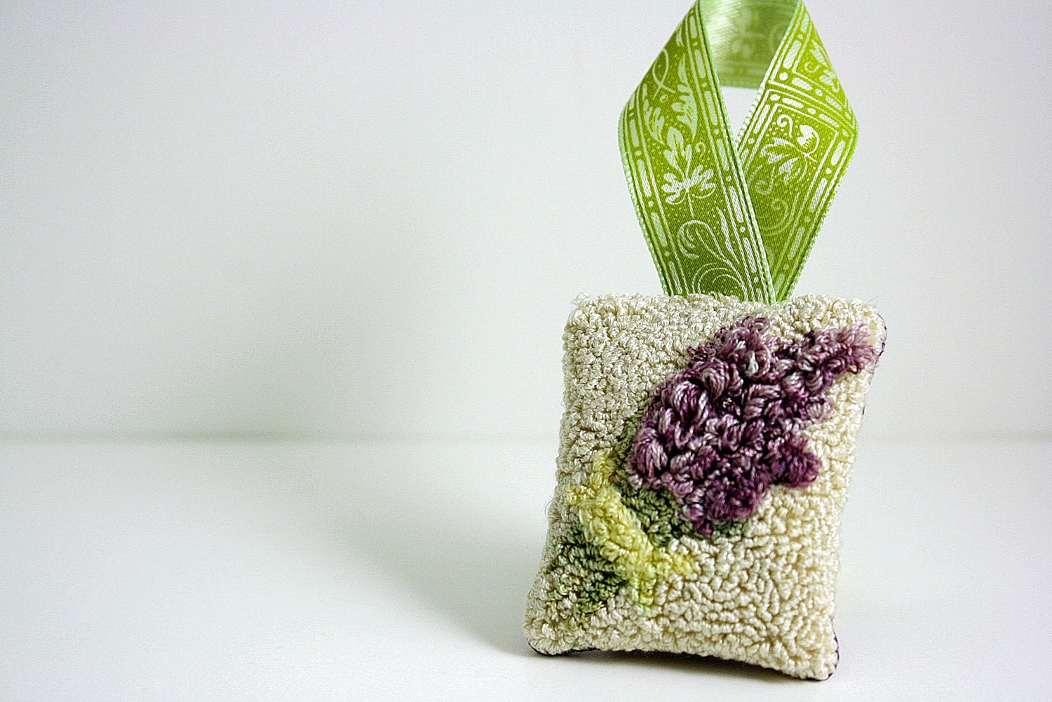 Lavender Christmas Ornament or Hanging Sachet. Punchneedle Embroidery. Purple, Cream, Green. Holiday Home Decor For Her. Ready to Ship