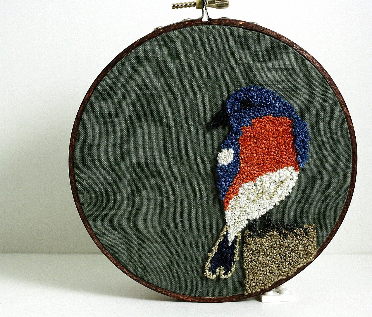 As Seen on Martha Stewart.  Eco Friendly Embroidery Hoop Art. Bluebird Punch Needle Spring Home Decor. Bird, Woodland. Blue, Orange, Green.