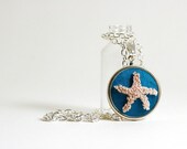 Starfish Silver Necklace. Ocean Blue Silk, Nautical Theme. Punch Needle Embroidery. Sea Inspired Fashion, Mermaid, Beach Wear Under 30