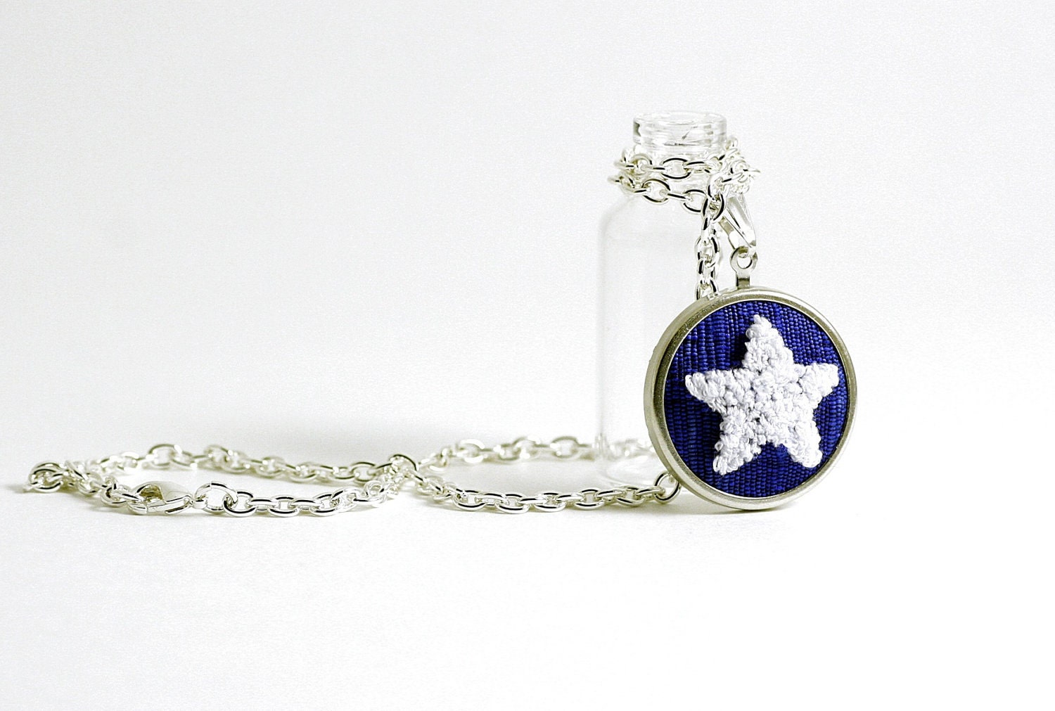 Star Necklace in Silver. White Star, Cobalt Blue Silk. Nautical Navy Jewelry. Punch Needle Embroidery. Winter Sky, North Star.