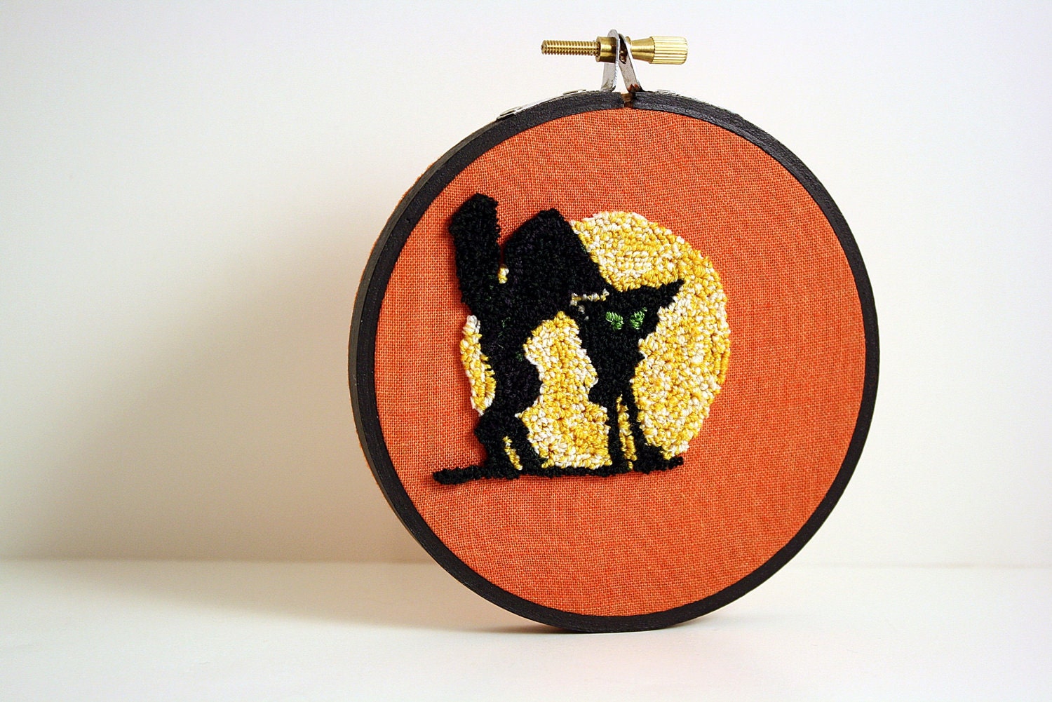 Halloween Home Decor. Black Cat and Full Moon. Orange, Black, Yellow. Glow in the Dark Embroidery Hoop Art by HarpandThistle