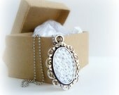 White Oval Pendant Jewelry. Wedding necklace. Metal Pendant with crocheted cotton