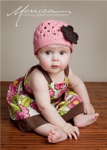 Pink with brown flower open weave summer hat for baby- all cotton Lily hat