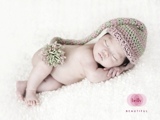 Stocking cap for newborn girl- photography prop- pink and green
