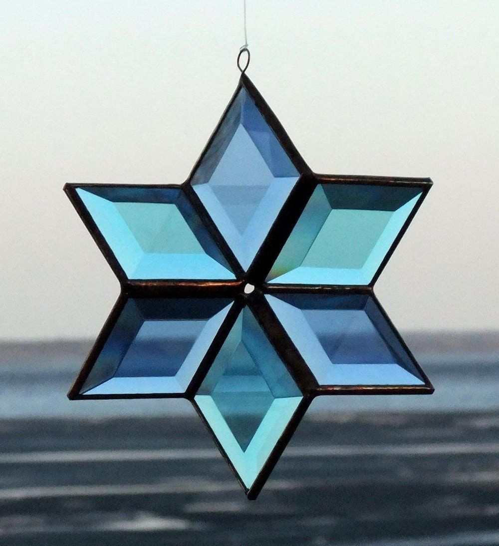 3D Blue and Turquoise Beveled Stained Glass Star Ornament with Copper Lines - Large - SNLCreations