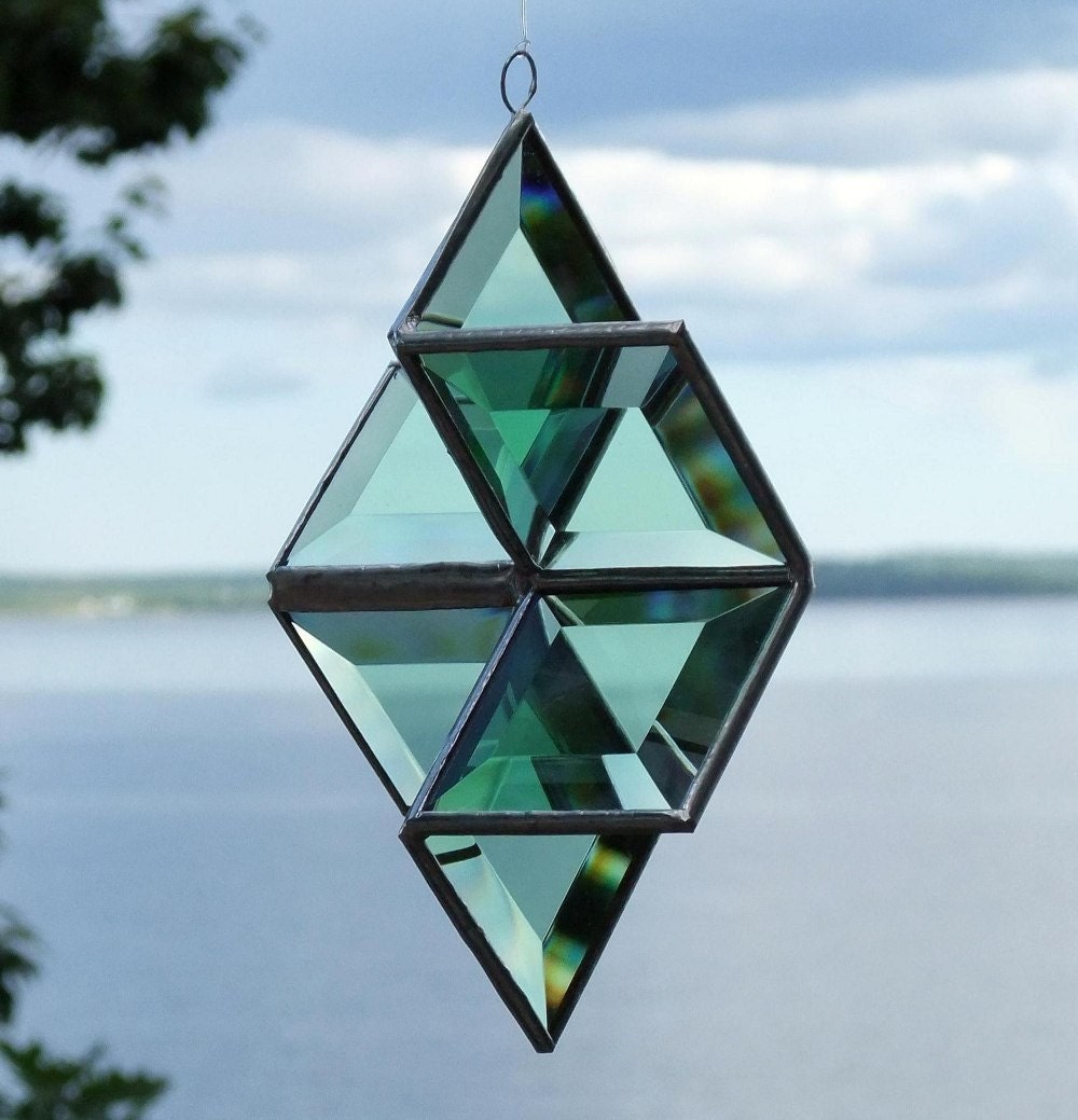3D Green Beveled Stained Glass Star Ornament with Silver Lines - Large
