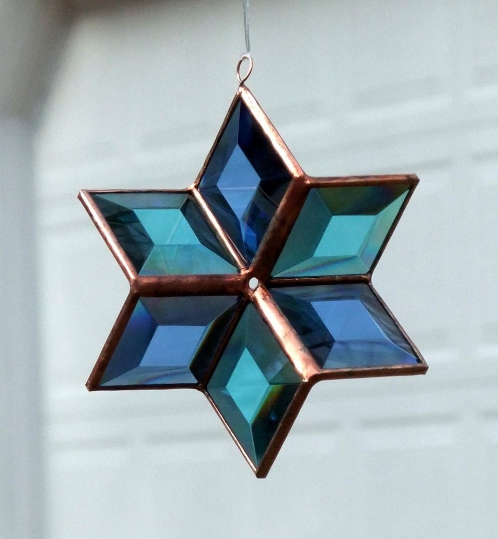 Blue and Turquoise Beveled Stained Glass Star Suncatcher 3D Ornament with Copper Lines - Medium