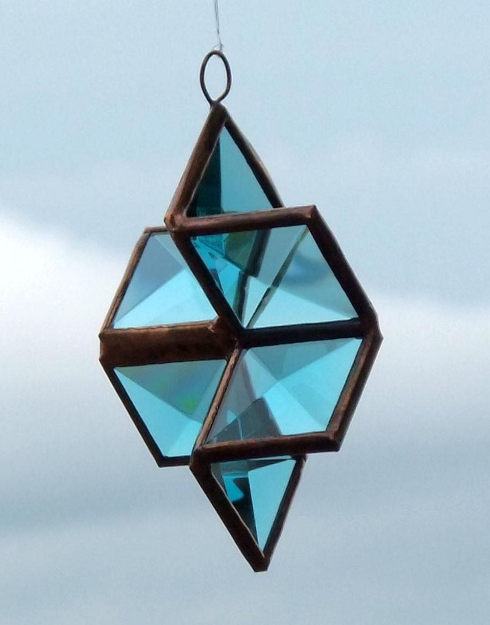 Turquoise and Copper 3D Stained Glass Star Suncatcher Ornament