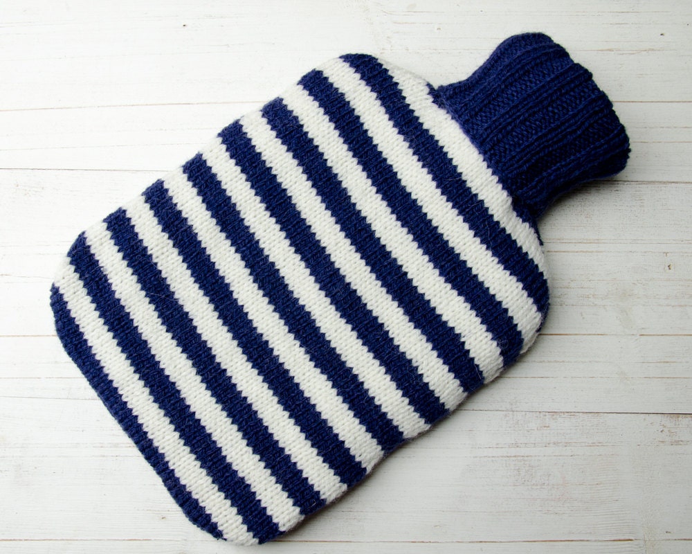 Knitted Hot Water Bottle Cover in Navy Blue and Cream stripes