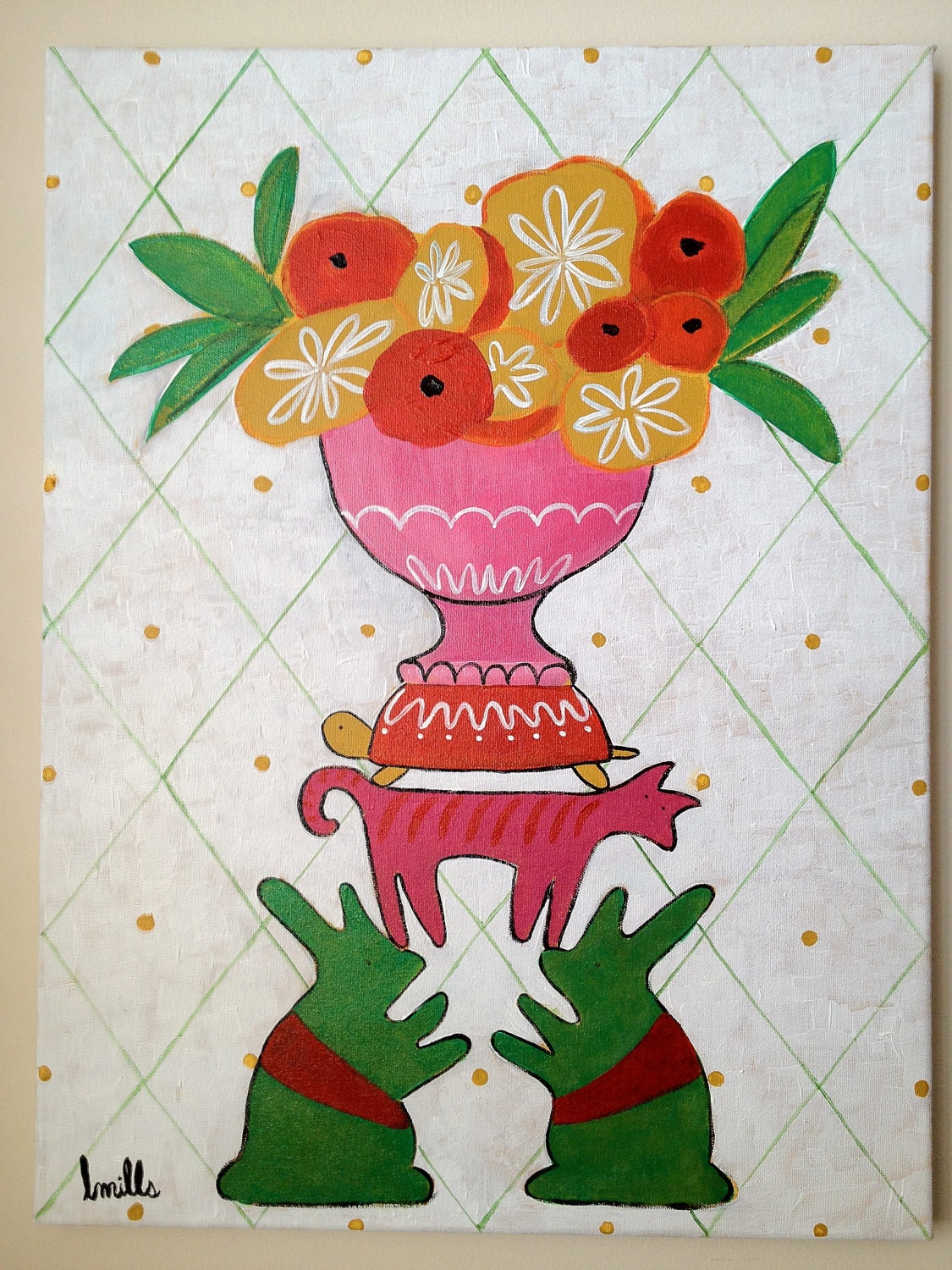 18 x 24" Pink Balance of the Animals- original folk animal urn floral pink red green canvas painting