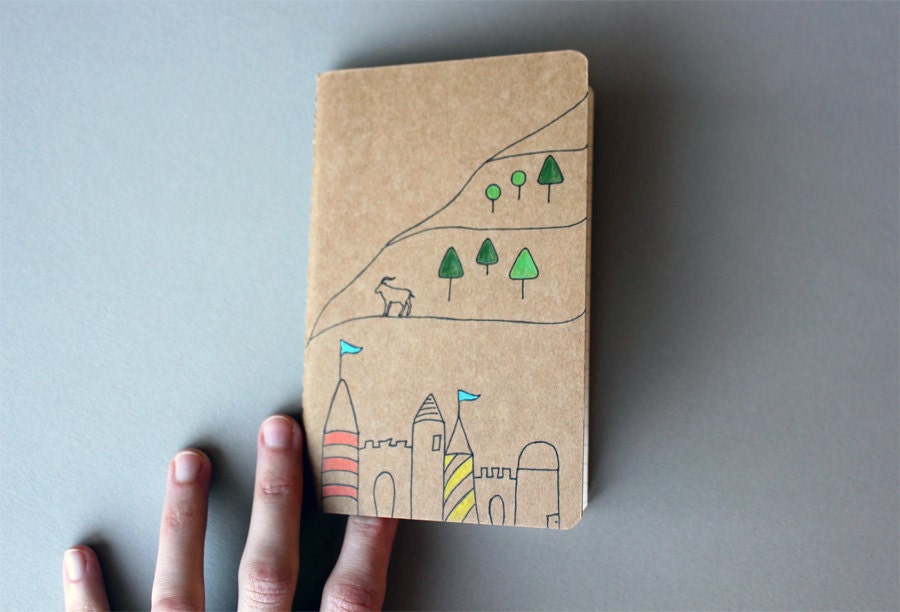 Hand Drawn Pocket Journal Moleskine Cahier Notebook - Billy Goat Castle Fairy Tale