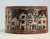 Petite Ville Cuff Little Town Etched and Oxidized Brass and Upcycled Leather Made To Order