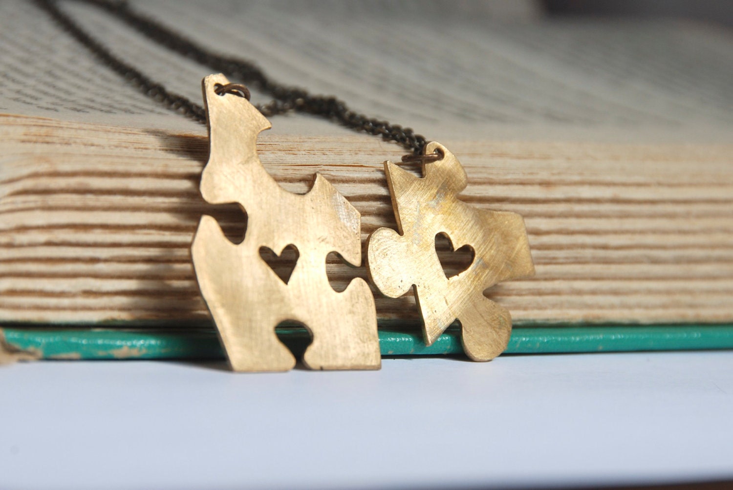 Puzzle Piece Necklace With Heart Cut Out Brass Set of Two Best Friends Gift Idea Made To  Order
