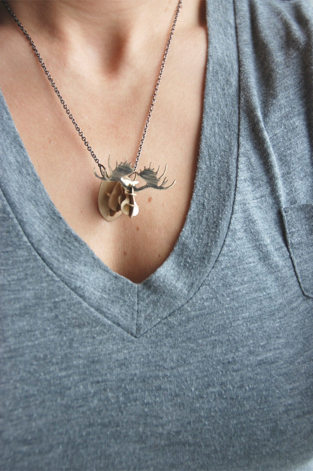 Moose Antlers Necklace 3D Rustic Fashion Brass Metalwork With Oxidized Finish Wearable Art Made To Order