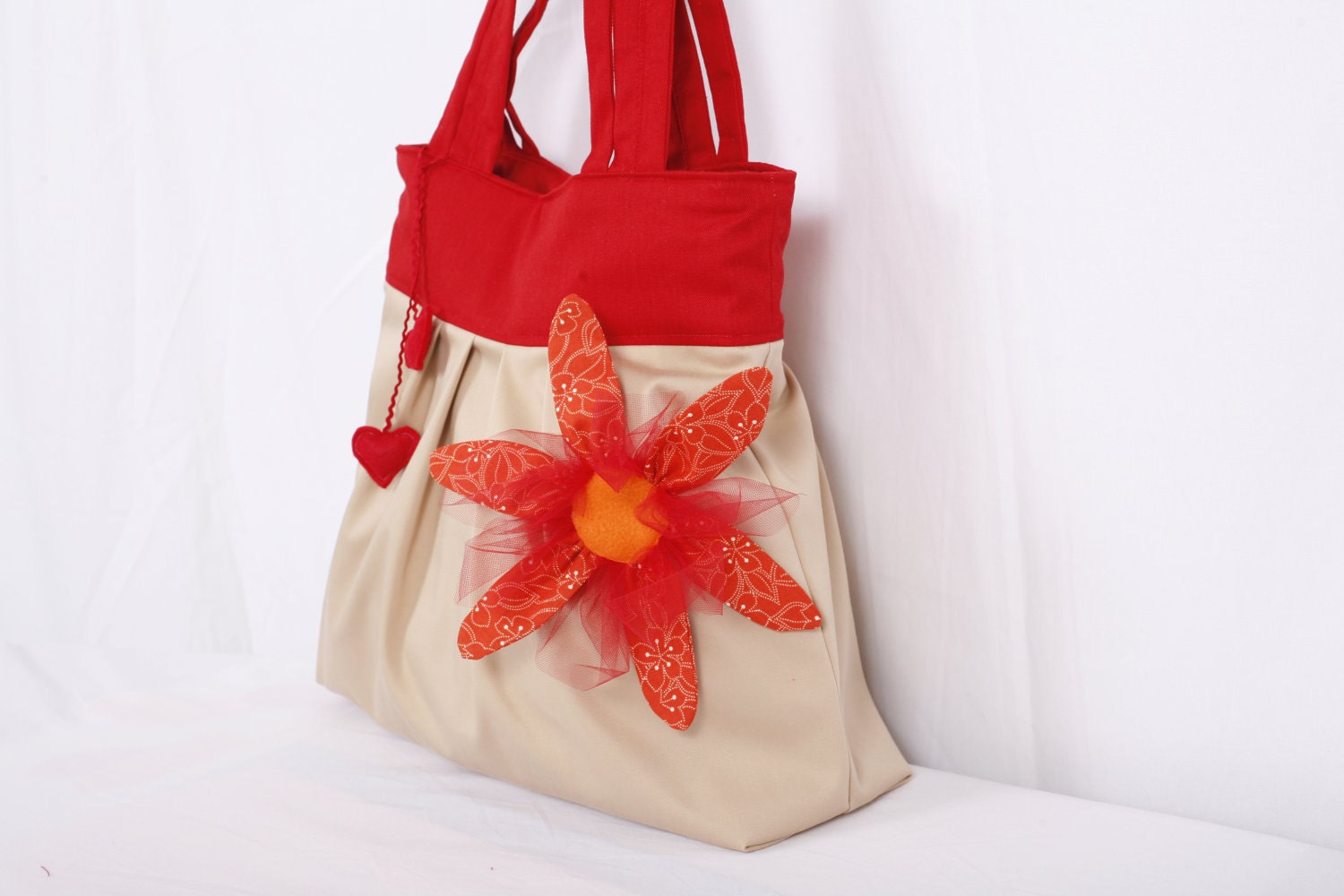 Red and beige handbag,handmade bag, shoulder bag, flower purse