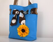 Flower tote bag turquoise,brown, yellow and white, Sunflower tote, Handmade tote