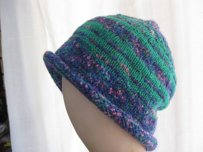 Knitted Beanie in Recycled Yarn in Blue and Green Stripes with Rolled Brim