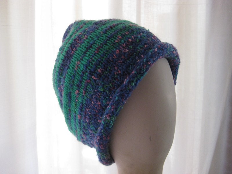 Knitted Beanie in Recycled Yarn in Blue and Green Stripes with Rolled Brim