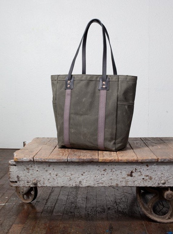 No. 105 Utility Tote in Olive Waxed Canvas, Charcoal Webbing, & Black Leather