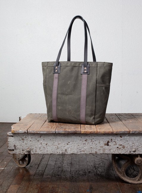 No. 105 Utility Tote in Olive Waxed Canvas, Charcoal Webbing, & Black Leather