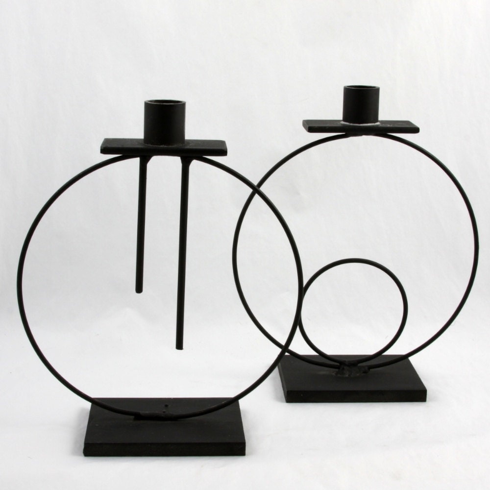 set of 2 brutalist-inspired Sculptural wrought iron Candle holders