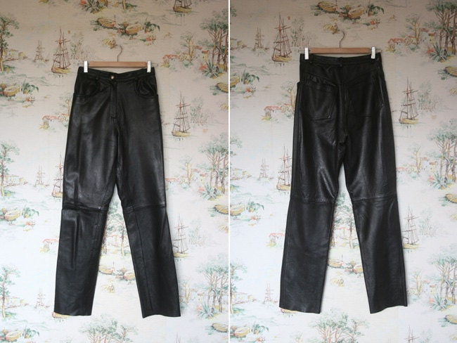 sale // vintage black buttery-soft leather highwaisted trousers - small - 26" waist