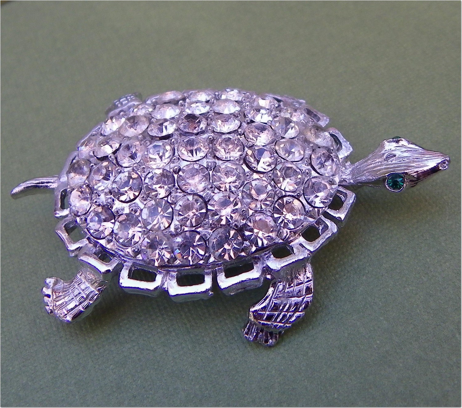RHINESTONE TURTLE PIN, Silvertone Critter, Upcycle, Reuse, Altered Art Supply, Vintage Costume Jewelry