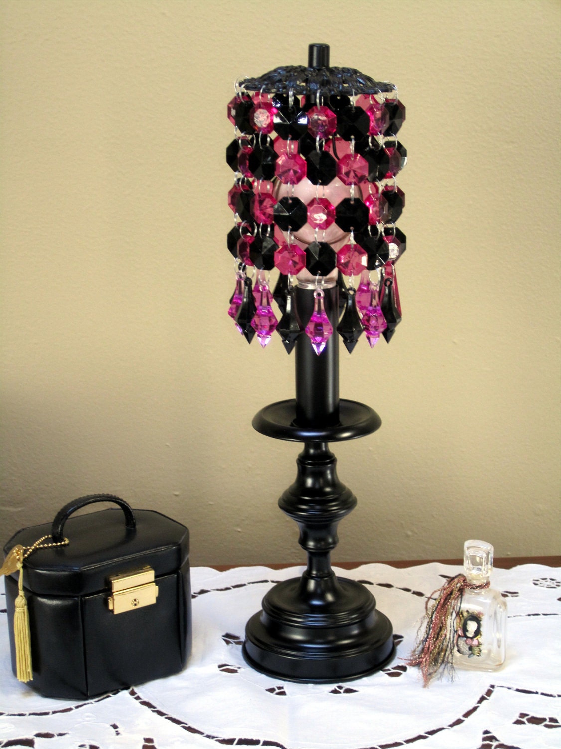 Diva Girly Girl Black and Pink Beaded Chandelier Light  Boudoir Lamp/Paris Apartment  Decor