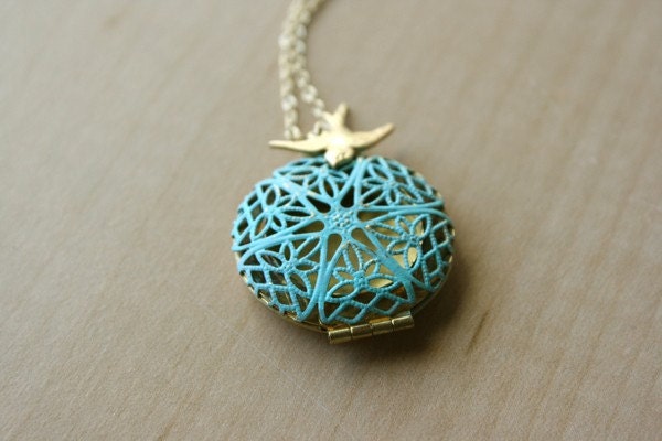 Bird locket necklace - Teal green blue patina locket, brass sparrow bird, gold necklace, bird necklace, cute everyday wear