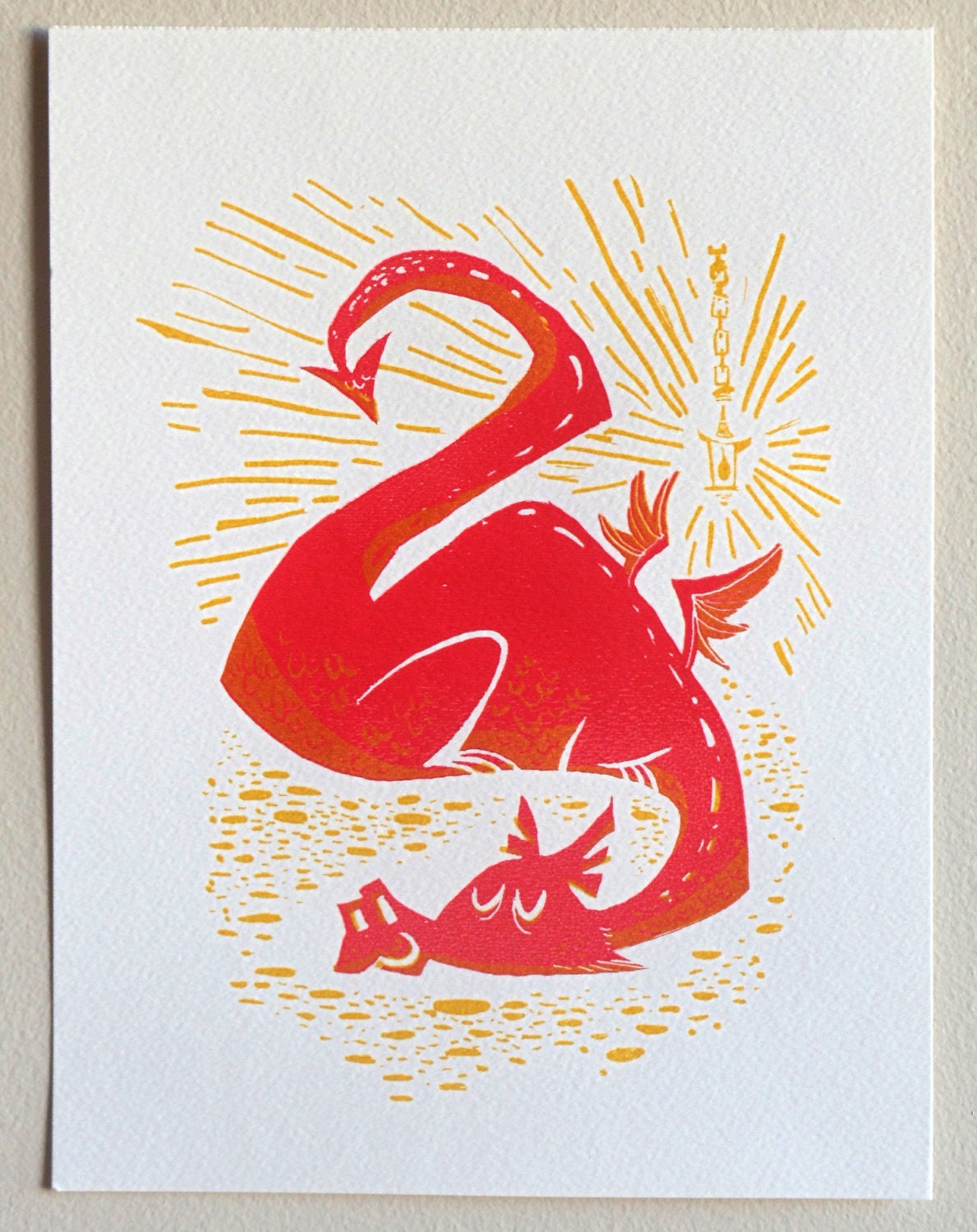 Chinese New Year Red Dragon Silkscreen Art Print - red with gold ink - 9 in x 12 in