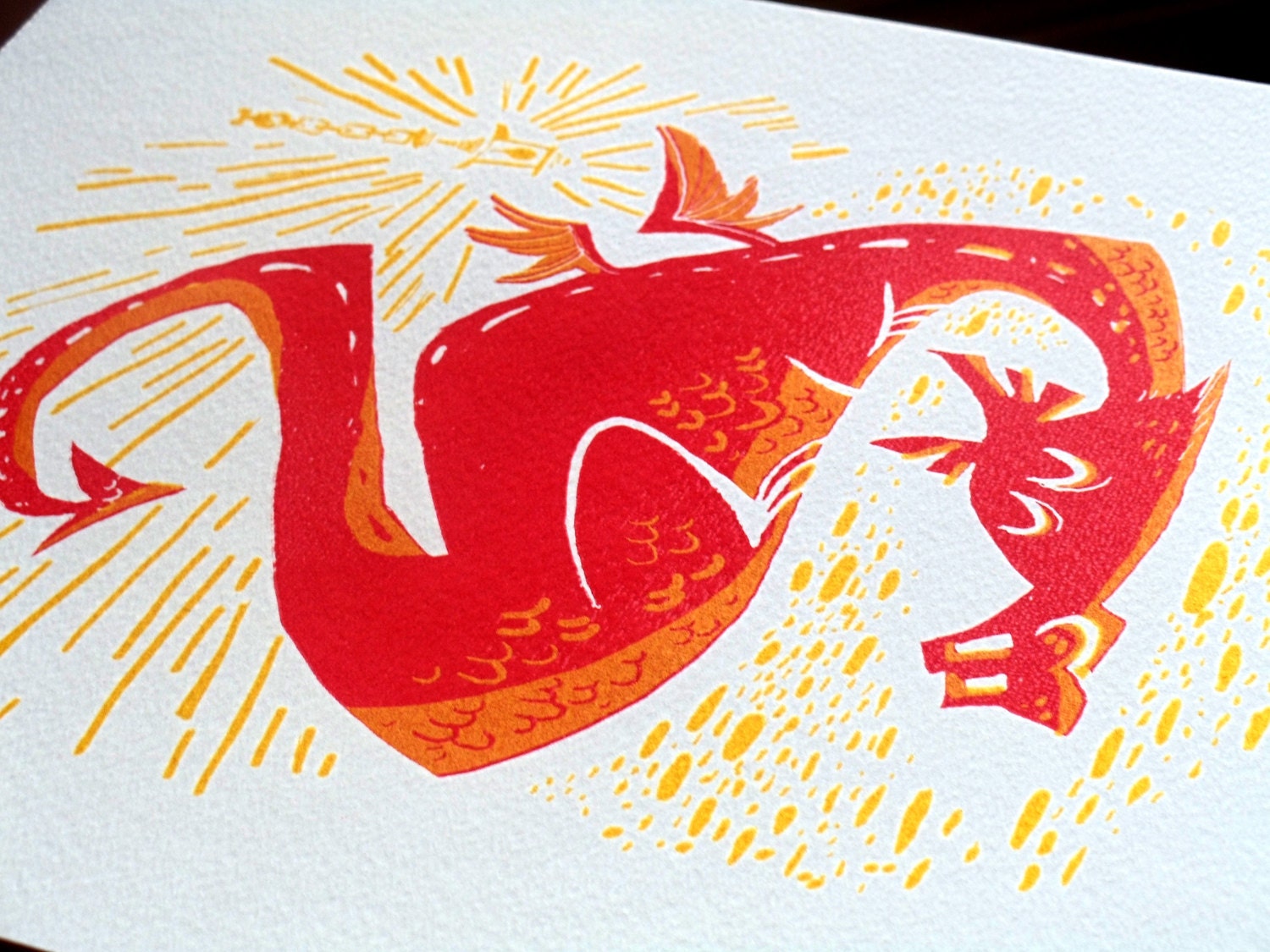 Chinese New Year Red Dragon Silkscreen Art Print - red with gold ink - 9 in x 12 in