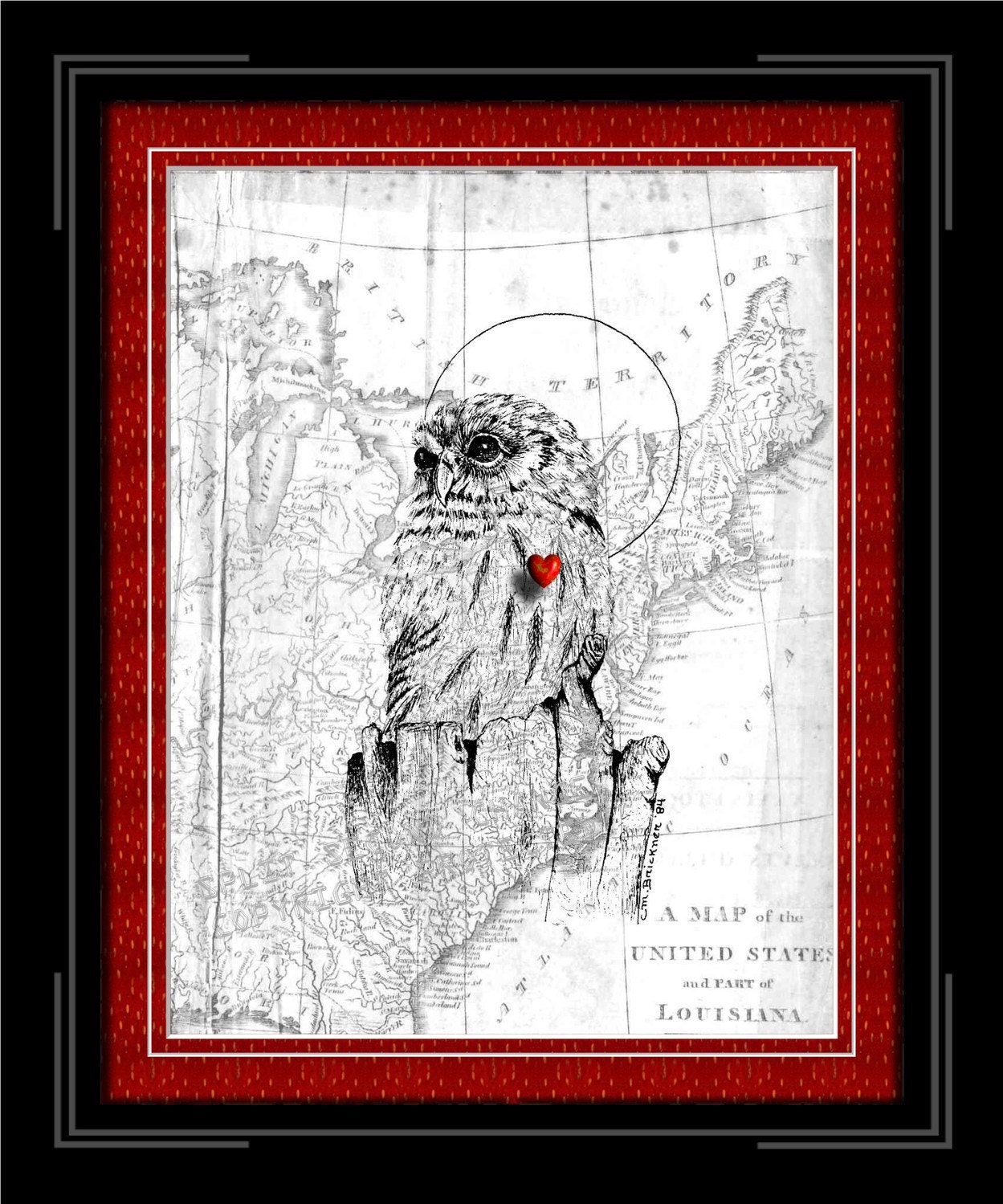 Twilight Keeper of the Night , OwL , 1800's Map of UsA and Louisiana, Original Art Sketch