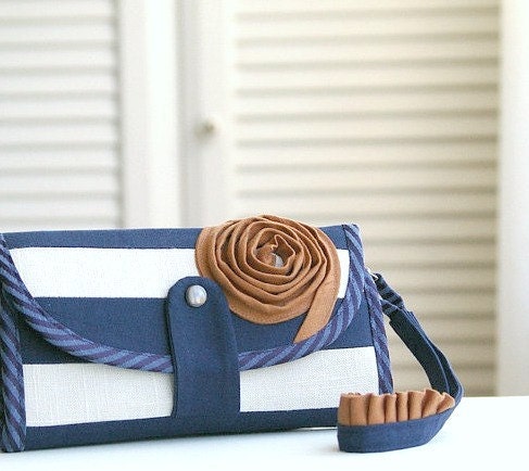 SALE. Phone wallet - deluxe edition - in blue and white , brown flower applique