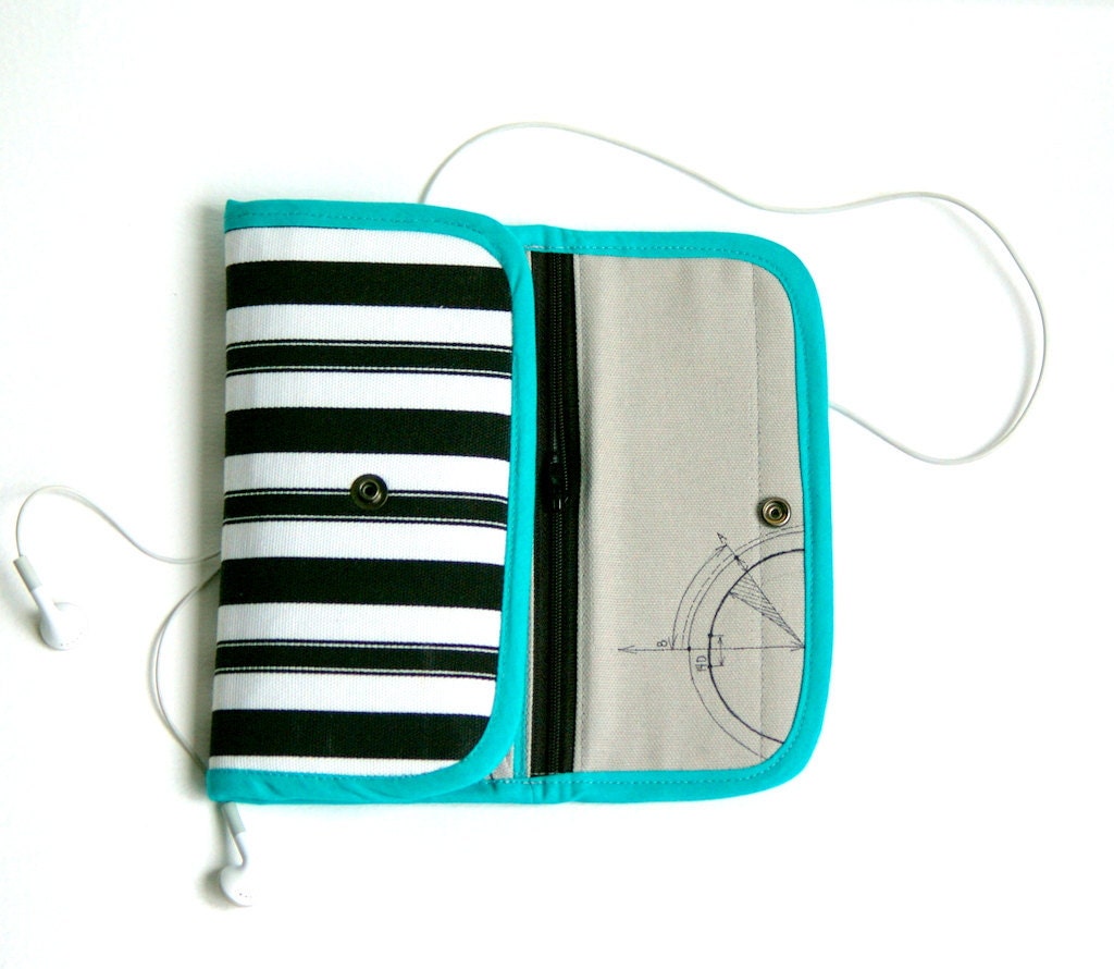 Phone wallet - type 5 - for bulky phones, black and white stripes with bright turquoise accents