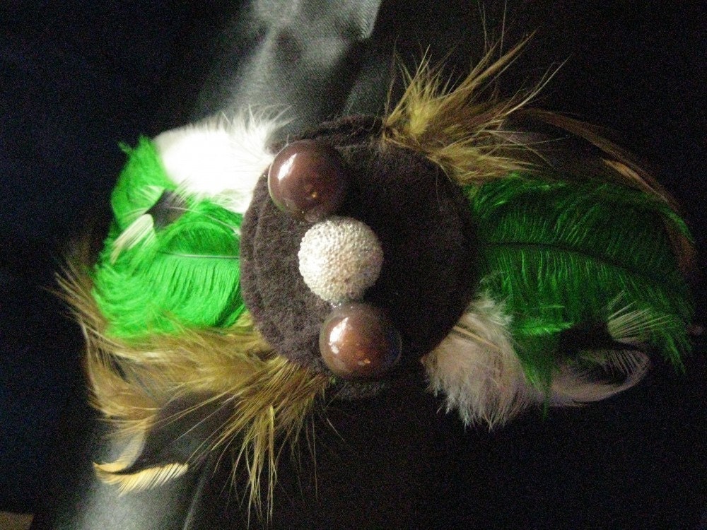 troop beverly hills "" ooak feather fascinator "" brown, green, white feather headband