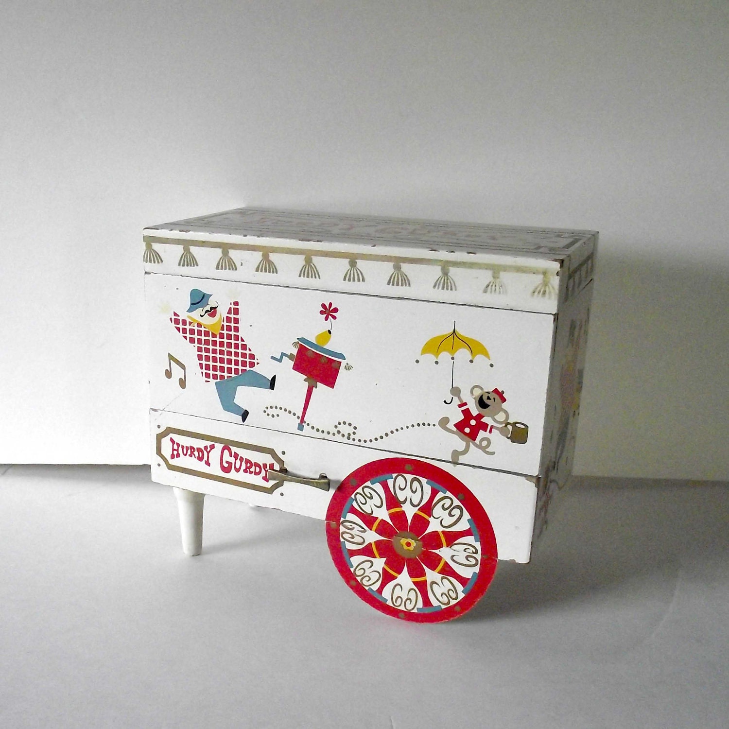 Vintage Wood Hurdy Gurdy Music Jewelry Box by Earl Bernard